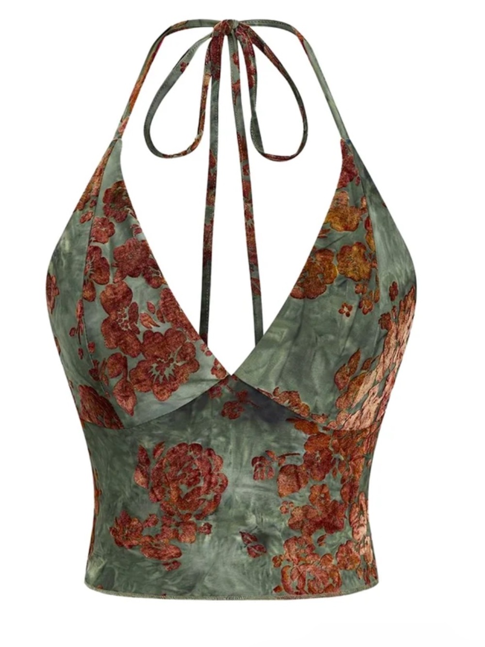 XL Dark Green Brown Velour Floral Halter Top Y2K Fairy Boho Goblin Forest